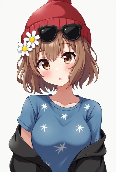 feminine style character  "  breasts a little big "  short brown hair  " Short bangs"  light brown eyes "  blue shirt with white stars "  half-open black vest  "  black heaters" lenses over the cap"  white flowers with yellow in the center "  Red Beanie Ha...