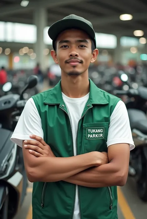 Prompts
Copy
realistic photography, young handsome Indonesian mans face, sunglasses. wearing a snapback, white t-shirt, Green  vest with the words "TUKANG PARKIR" on his hand. folded his arms across his chest. The background of the minimarket parking lot s...