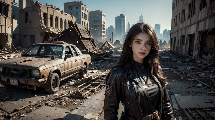 masterpiece, High Res,8K,(Portrait Photos:1.5),(R Original Photo),Reality,Digital Photography,(Apocalyptic ruins ),City ruins，beautiful 20 year old woman，sentry， post-apocalyptic scene，Medium distance photography