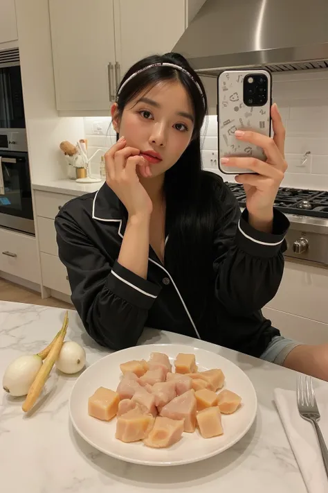  A 36-year-old female CEOs first perspective cute selfie 。Light makeup for plain skin。 round face, long straight black hair, ponytail, headband 。 wearing high-end fashion brand Chanel black silk pajamas，Body size about 110 kg 。 in the luxury kitchen of a L...