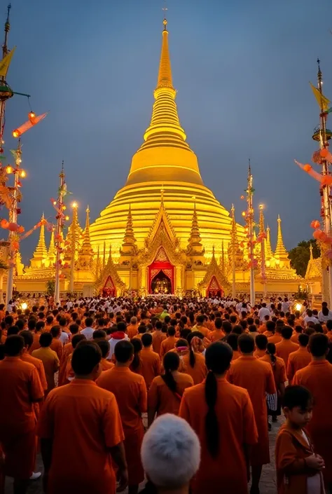 An elaborate festival scene at That Luang in Vientiane, Laos, during the annual Boun That Luang. The golden stupa of That Luang shines brightly under the evening sky, surrounded by monks in saffron robes, devotees with offerings, and people dressed in trad...