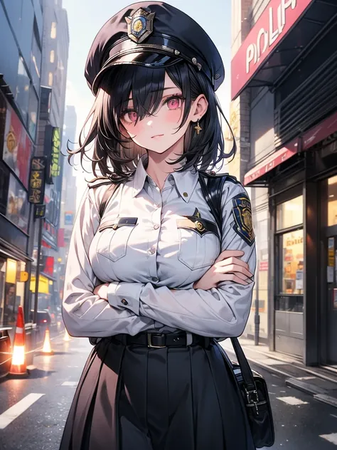 masterpiece, best quality, 16k, detailed eyes, 1 girl, 28yo, medium hair, black hair, hair is between eyes, large breasts, sagging breasts, pink eyes, oval eyes, round eyes, kind eyes, (police officer), police hat, white shirts, city, crossed arms