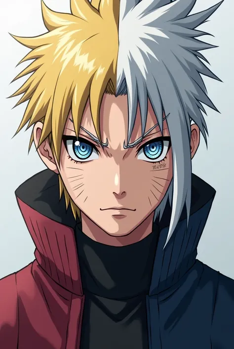 Make a male anime character with half blonde and half white hair in a bun in the style of Naruto Shippuuden with Blue eyes with white ray patterns and dilated black pupils