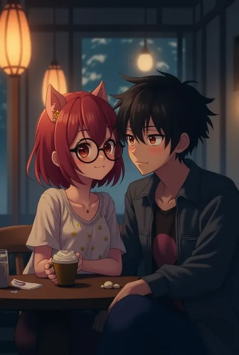 Cute girl with red hair and glasses and boy with wolf cut hair both chilling together anime dark theme 