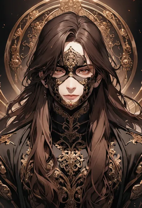 Create an image of a male character with long hair wearing a black mask only his face brown eyes and dark hair for YouTube profile image 