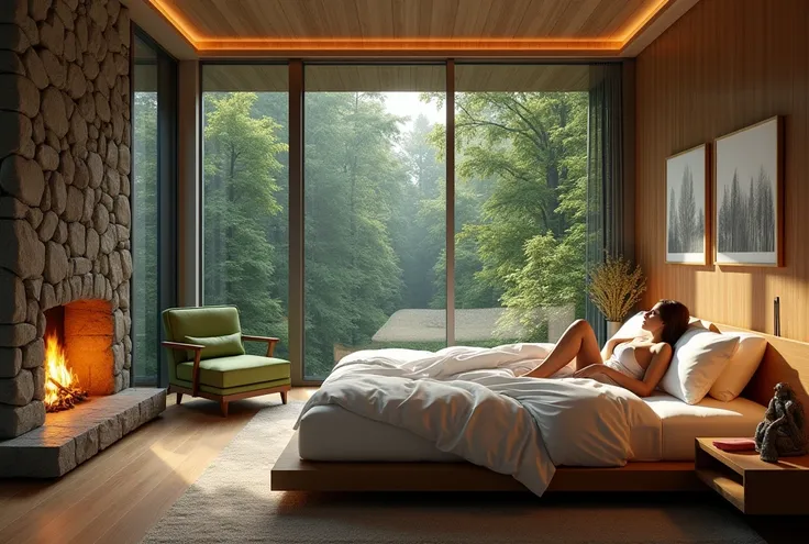 woman, big breasts size 4, wearing lingerie, ultrarealistic, detailed skin, 8k, sleeping in a cozy, modern bedroom with large windows overlooking a dense forest. The room features a low-profile bed with white bedding, a green lounge chair at the foot of th...