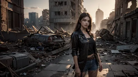 masterpiece, High Res,8K,(Portrait Photos:1.5),(R Original Photo),Reality,Digital Photography,(Apocalyptic ruins ),City ruins，beautiful 20 year old woman，sentry， post-apocalyptic scene，Medium distance photography， broken clothes