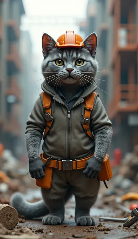 Gray cat He is on the street He is like a human and his hands are like a human He works on a construction site 

