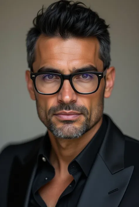 photography, young Hispanic male masculine perfection, 45 ans, closed chin, full lips, short black nicely styled hair with a few gray hairs, dark eyes, tan skin, stubble beard, wearing rich fancy clothing, black rectangular glasses, realistic, 8k --v4