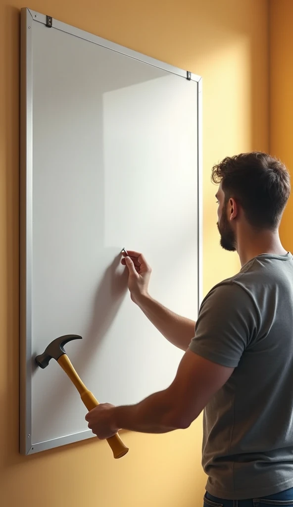 A person nailing a white board to the wall.  front view 