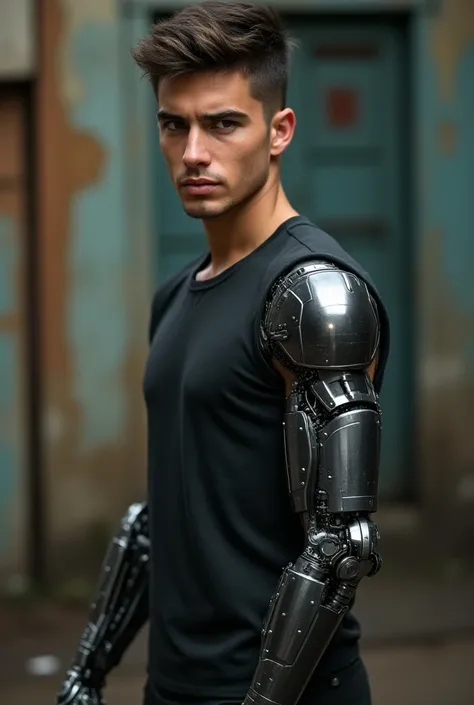 Create a young man with a mechanical prosthesis instead of an arm