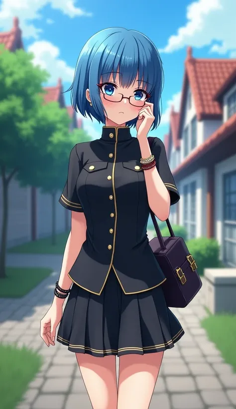 anime, panoramic image , Beautiful woman,  short blue hair, blue eyes,  pronounced makeup ,  big eyelashes,  dark eyeliner , many bracelets , earrings,  black school petticoat ,  black military school blouse with gold details, school bag , barefoot, glasse...