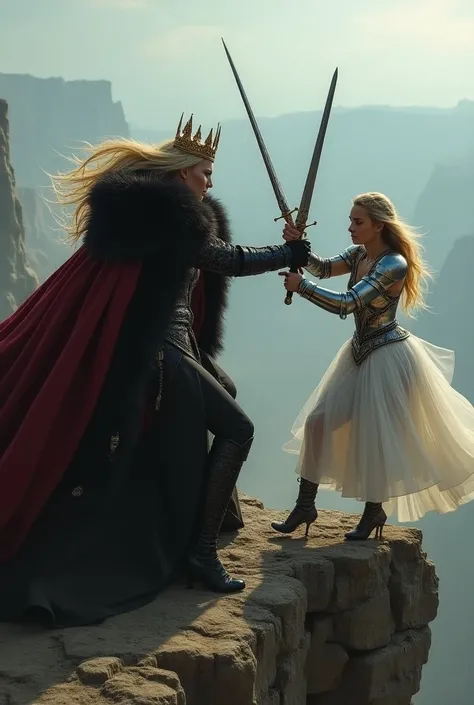 On the edge of a cliff, an Evil queen and a warrior princess having a sword fight. The evil queen has blond hairs, she is wearing a crown, a giant thick red and black fur coat with a huge collar, and leather elegant black gloves. The princess is wearing an...