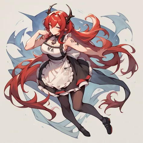 Surtr(Arknights),long red hair,horn, blushing,curvy body,SFW, wearing apron only, gently smiling,more details,full body tattoos, midnight setting,solo focus