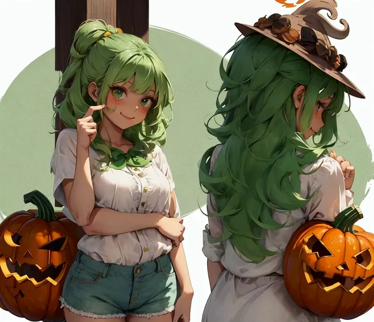 Tanned, Full pumpkin mask, shorts,  pointing at the sky , green hair, white blouse, wood skin, medium hair