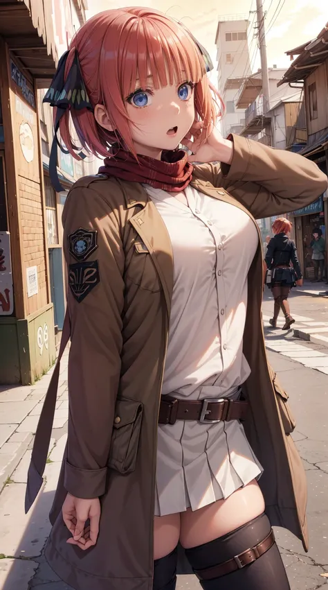 lots of style, shingeki no kyojin,

((( Nino Nakano dressed in the uniform of the legion of recognition from atack on titan)))  ((Nino Nakano style attack on titan ))

1 girl, Arm Strap, blows, Red hair,  black pants ,  big breasts shirt, brasas,  blue eye...