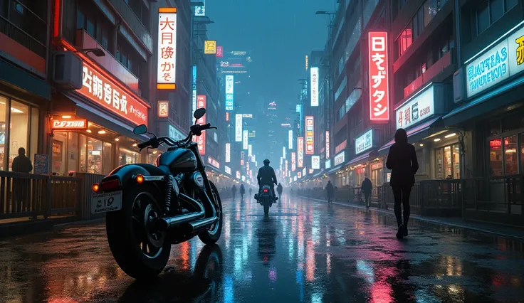  Tokyo on September 9, Showa 99 , after rain, Cyberpunk ,Beauty in the Distance , Futuristic Showa Town , Harley Davidson