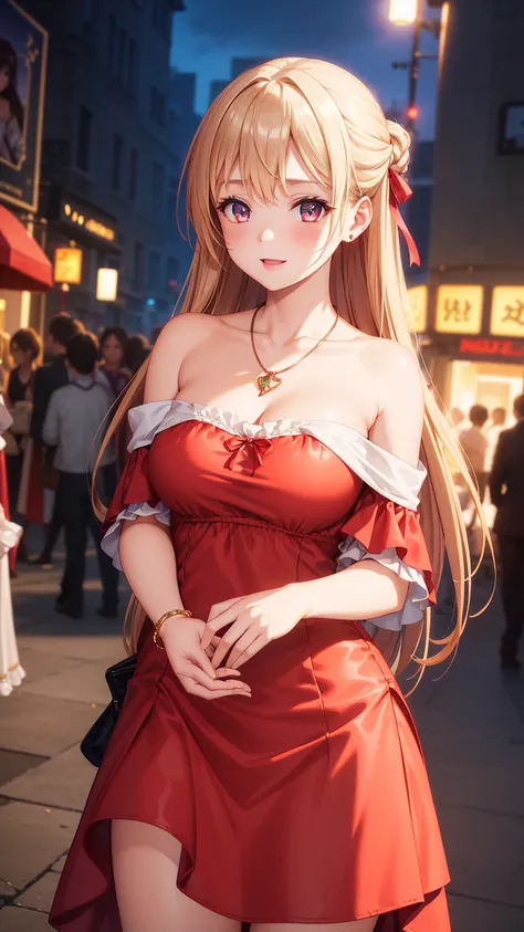 1girl, natural lighting, masterpiece, highly detailed, illustration, game CG, absurdres, high quality, beautiful detailed eyes, glossy lips, natural lighting, medium breasts, klaudia valentz, collarbone, jewelry, necklace, blush, red dress, off the shoulde...