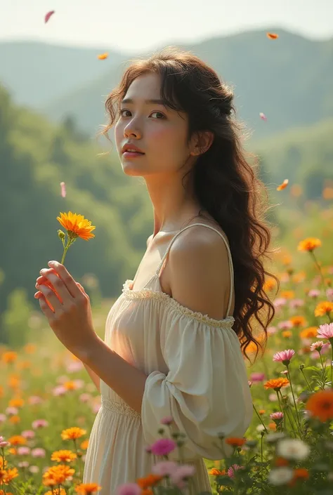  Create a photo of a calm landscape , with flowers and with an adult girl with curly brown hair, white pele, western, holding a flower.