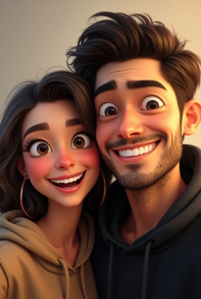 A Pixar-style couple taking a selfie and the woman has nice eyelashes and wavy hair and brown eyes and the man has a black sweatshirt, a marked mamdible and pretty eyebrows and wavy hair, they smile without teeth, without a beard and Chinese hair, the pret...