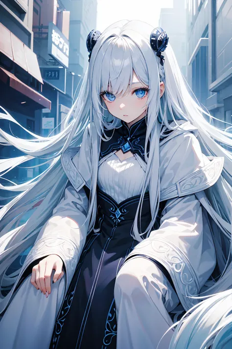 Cover magazine .  alone. 1-woman . Adult women.  beautiful woman with long white hair .  her eyes are light blue.  modern style she . fantasy.  unusual hairstyle .  has accessories on her clothes .   future theme . Half-length portrait. Model. Ice theme