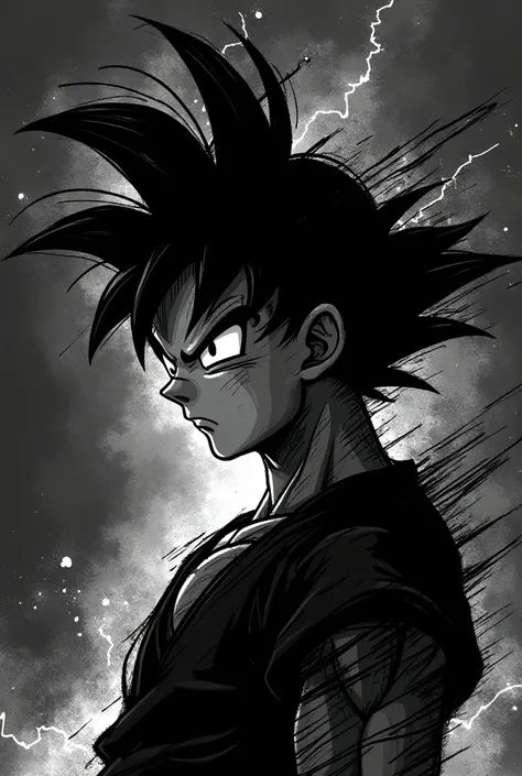 IMG_5734.CR2: ((Masterpiece)), ((high-contrast black and white illustration)), (intense, sharp outline of Goku in profile), ((dark background)), ((dynamic, diagonal scratch-like lines)), ((engraving or scratchboard effect)), (abstract Goku figure with line...