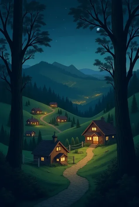  In a small town with a rural style at night you can see several houses, trees and portals 