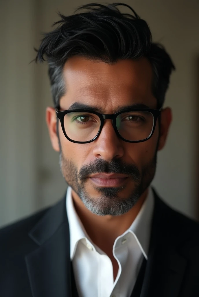 photography, young Hispanic male masculine perfection, 45 ans, closed chin, full lips, black hair with a kittle gray, dark eyes, tan skin, stubble beard, wearing rich fancy clothing, square glasses, realistic, 8k --v4