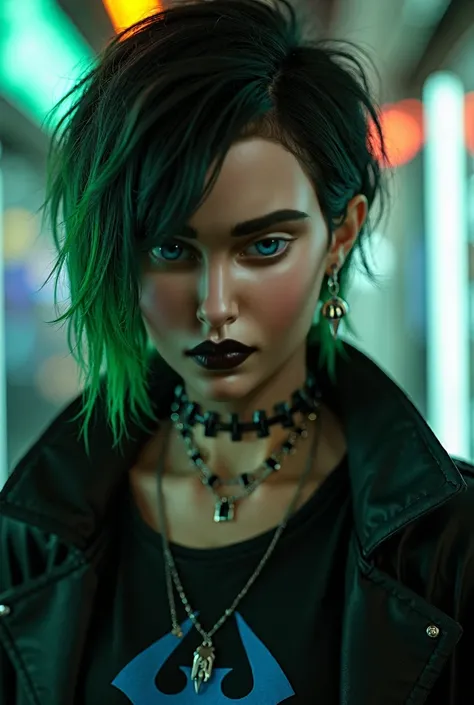  The character is a woman with a cyberpunk look ,  with short black hair,  highlighting a stylish green wick on the left side .  Her expressive face is marked by makeup and dark line tattoos around the lips,  that give a somewhat daring and threatening app...