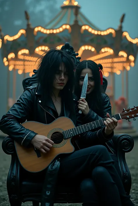 Man with long black messy hair down to the shoulder , black rock pants and a leather jacket, play acoustic guitar, High Resolution, dark background, light fog,Two characters,Illuminated by dramatic lighting , on the black throne, ,Hide your mouth with a tr...