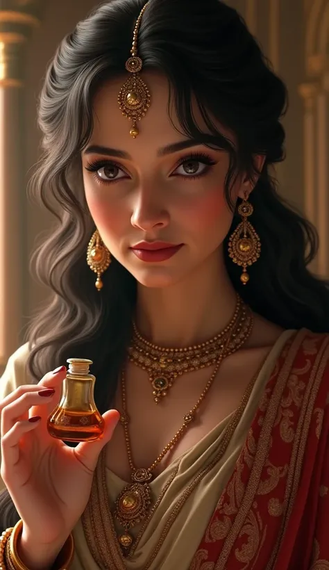 A close-up of Queen Ratnavati in an ancient palace, dressed in elegant Rajasthani attire. She holds a small bottle of oil, her expression showing suspicion and alertness. Her gaze is fixed on the bottle, noticing something strange about it. The setting is ...