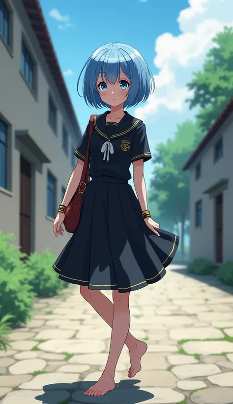 anime, panoramic image, Beautiful woman,  short blue hair, blue eyes,  pronounced makeup ,  big eyelashes,  dark eyeliner , many bracelets , earrings,  black school petticoat ,  black military school blouse with gold details, school bag , barefoot, glasses...