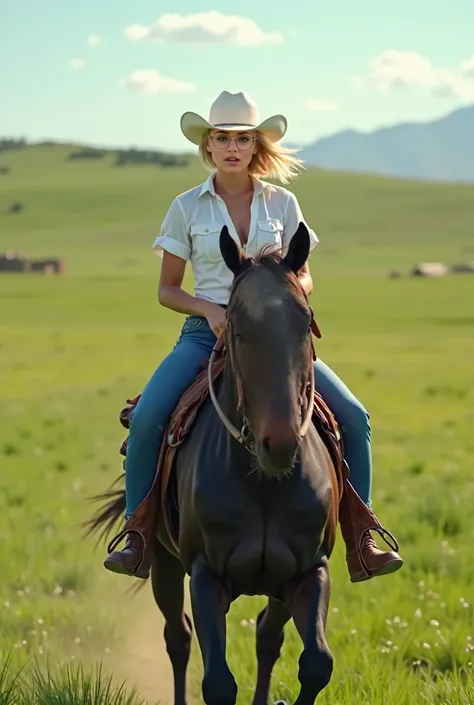  Create an image of a 20-year-old short-haired blonde girl running on a black horse running on the green grass field wearing short sleeve white blouse jeans. Wearing a white cowboy hat .