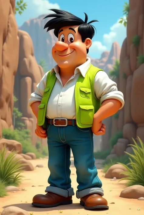 Pedro Flintstone with the white shirt, green reflective vest and blue lanyer,  brown belt and blue jeans with brown shoes 