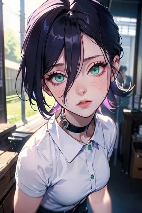 (Best Quality)、(Best Quality)、cut、   Chainsaw Man 、cute、(   choker).  Emerald Eyes  、Her hair is purple   、   short bob、beautiful　whole body、    Details、強力な    Details、cut、(((   shorts)).(( please hold the face image  )).((Please save Liptsuya )).((  are e...