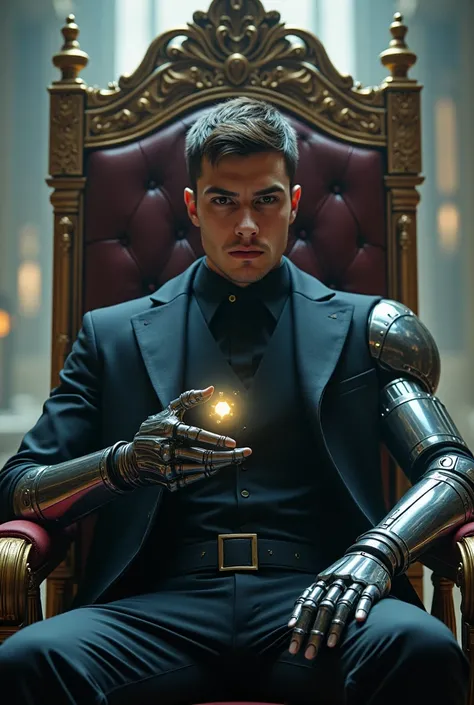 Create a young man with a mechanical prosthesis instead of an arm.  Sitting on a throne looking straight into the camera, in a threatening and authoritarian possession holding a futuristic cube