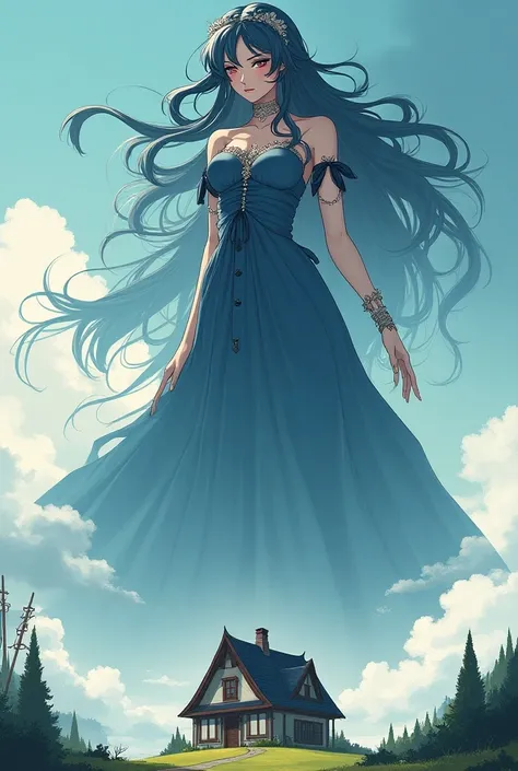 Anime woman towering over a house