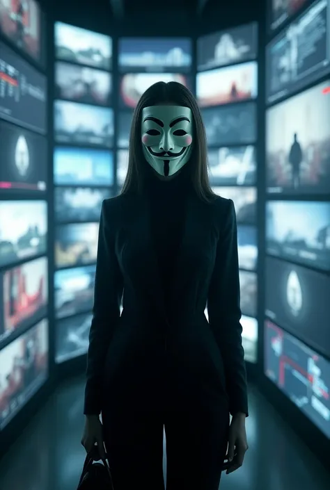 I want an image of a girl wearing an anonymous mask who is looking at the camera and standing in a room full of screens 