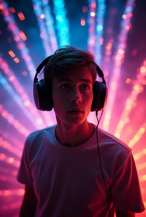 a young men wearing headphone and musical colorful wave exploding around, shot with hassleblade camera, studio lightning, hyperrealistic