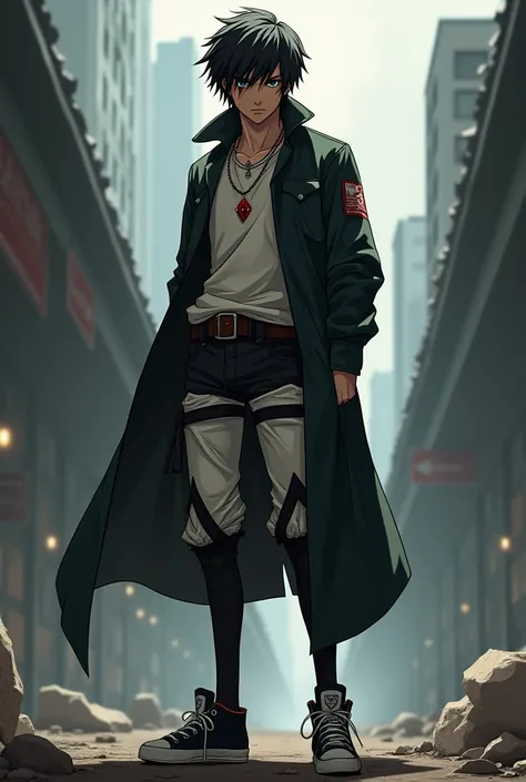  Make a fictional male character ATTACK ON TITAN STYLE,  black hair , Clothes by Trambiqueiro ,  he looks like a trambiqueiro and has black sneakers on his foot, He has a necklace with a red pendant around his neck, Make him stand up 