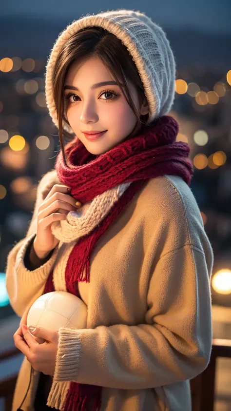 Best Quality　 face up 　Lebanese beauty　 Glamorous Body 　 boyish hair　 Warm and Colorful Marbled Fluffy Hand Knitted Scarf　fleece blouson 　 ball blurry light only background　Night view from a high place 