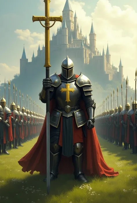 A very wide Christian knight with a helmet, a cross on his chest and a large sword in his hand is standing in a meadow in front of a large castle and hundreds of equal knights stand in line and file behind him and hold a large golden Jesus cross in the air