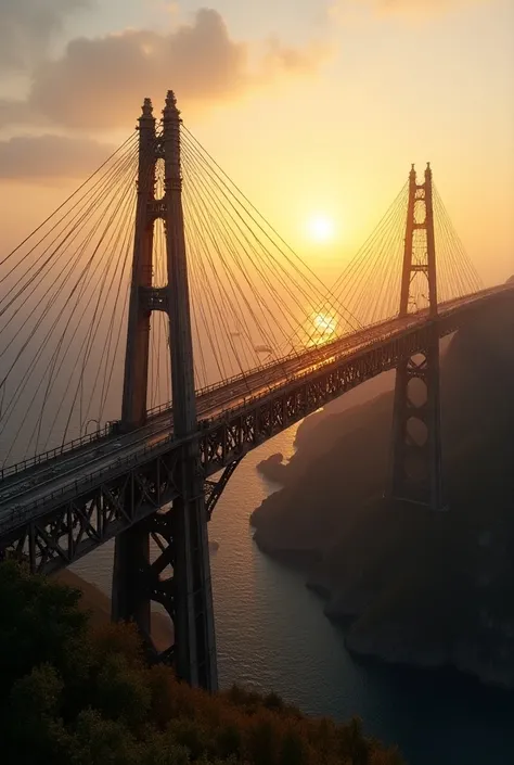 Cinematic view of a bridge made with steel and wood and wires in land scape with beautiful full sun rising moment 