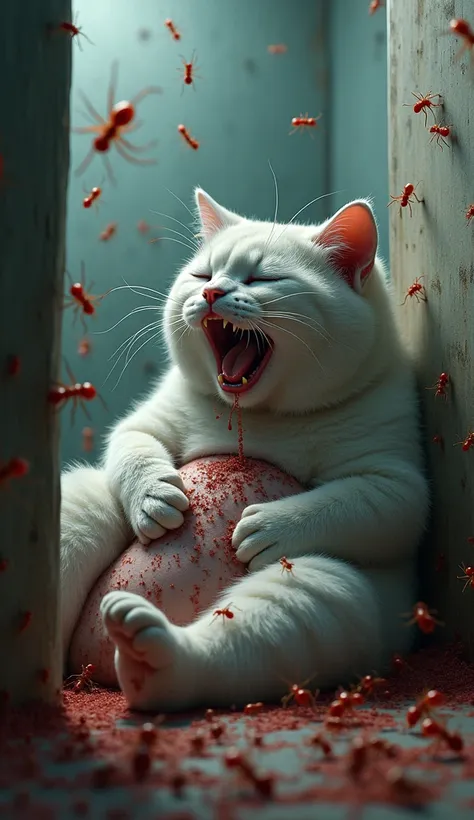  Obese white and grey cat is giving birth to a kitten,  Surrounded by many red ants .Details: The scene is chaotic,  Cat is crying for help in pain . Kitten visible ,  Room is full of red ants crawling on the wall , floor,  and floor .  Nurse is trying to ...