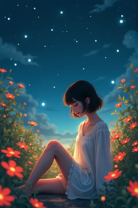 A woman with her hair in short lace pajamas, sat facing her face, looking forward in the flower garden in the light of night. The stars were shining in the sky, the light shone at the girl.