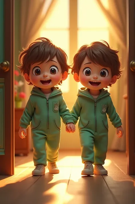  Hyper realistic photo of two small twin boys : dressed in light green jumpsuits ,  of wavy brown hair , and slightly squishy but big eyes ,  entering a cozy house cheerfully and excitedly as the sun shines from behind (dream effect )