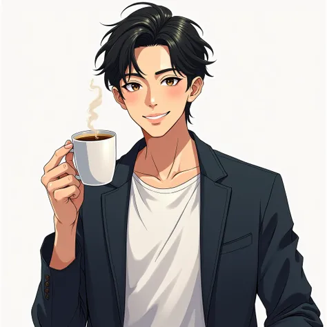 Iconic anime-style 29-year-old male, black hair, two blocks, Japanese, handsome, freelancer, business jacket, T-shirt, coffee, refreshing smile.