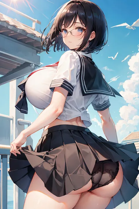 High image quality、 HYPER DETAIL 、female 1 person、High school girl、 Very Big Breasts, very big butt 、Black Hair、short bob、Innocent smile 、 school uniform、tuck in、Summer clothes、Glasses、(((The skirt is blown up by the wind)))、((( panties visible )))、 Lookin...