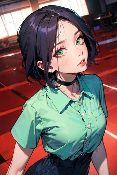 (Best Quality)、(Best Quality)、cut、     Chainsaw Man  、cute、(     choker).    Emerald Eyes    、Her hair is purple     、     short bob、beautiful　whole body、      Details、強力な      Details、cut、(((     shorts)).((  Liptsuya as an image of a strong detailed  ))....