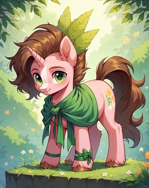 score 9, score 8 up, 1male, masterpiece, furry,  full body, pony, unicorn, unicorn pony, feral, cute, beautiful, pretty, pink body, green eyes, white legs, white stripe in forehead, brown mane, long mane, tied mane, tied mane with green band, tied hair, ti...